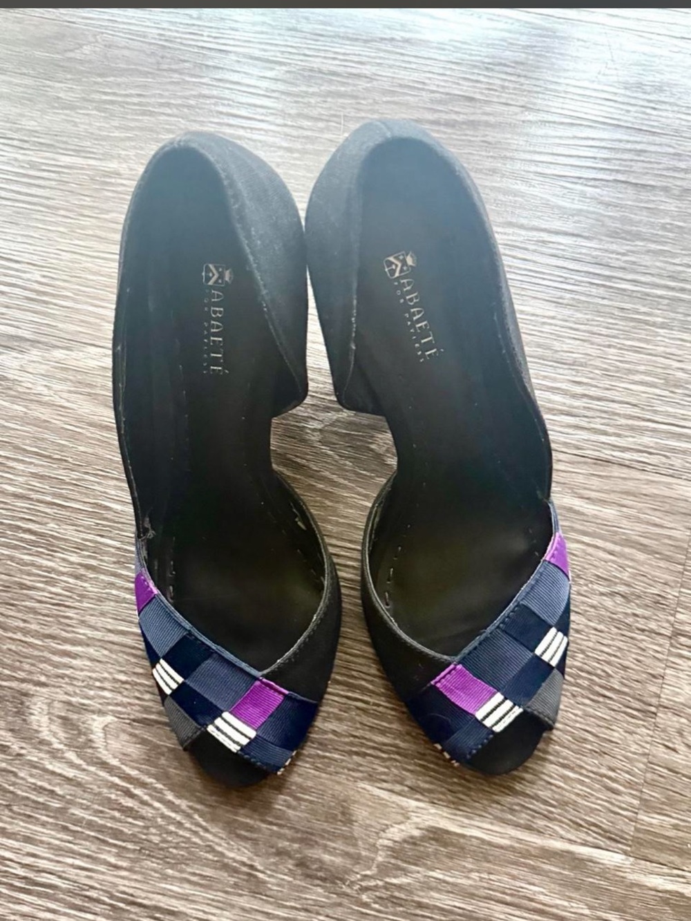 Abaete Black Peep-Toe Heels with Navy & Purple Ribbon Weave